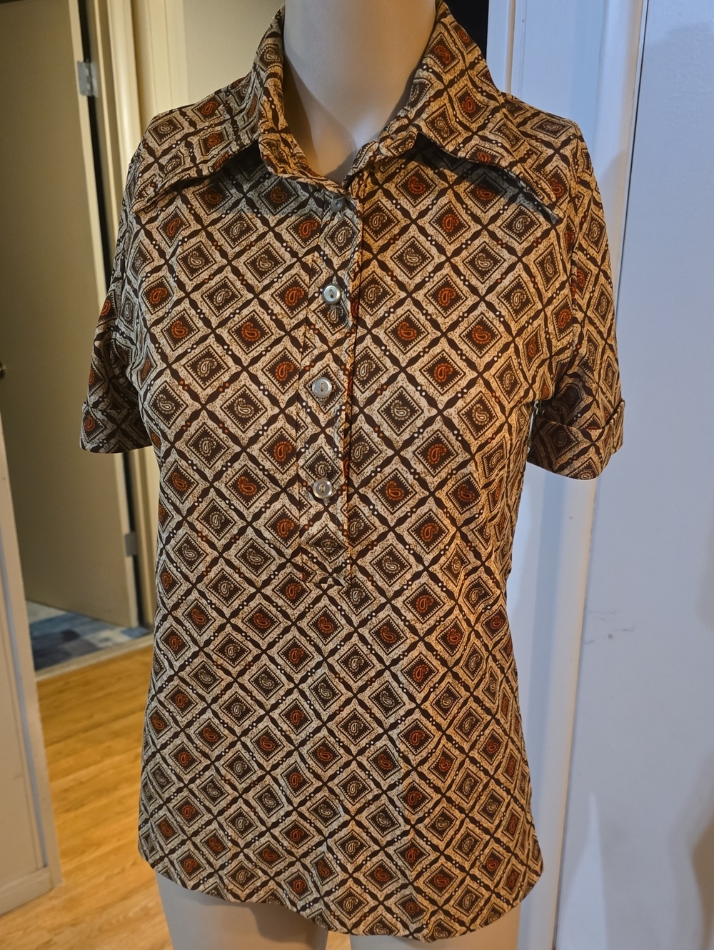 1970's Alex Colman Short-Sleeve Geometric Paisley Print Button Down Top